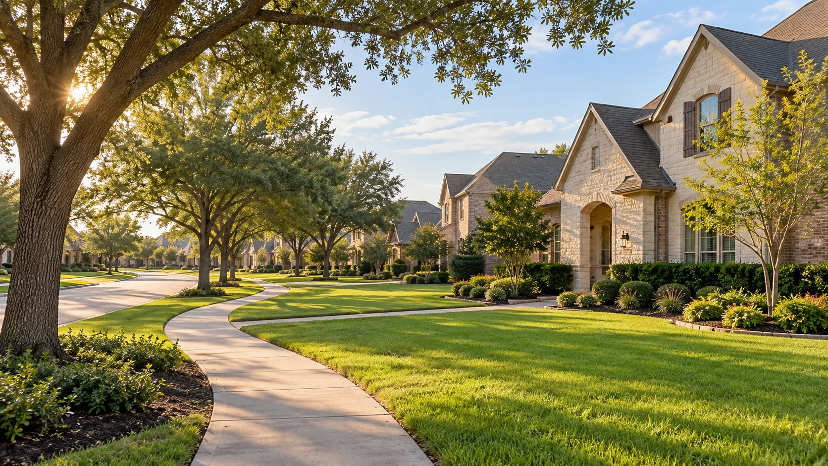 AI-generated illustration of a Texas residential street; not an actual Cane Island photograph.